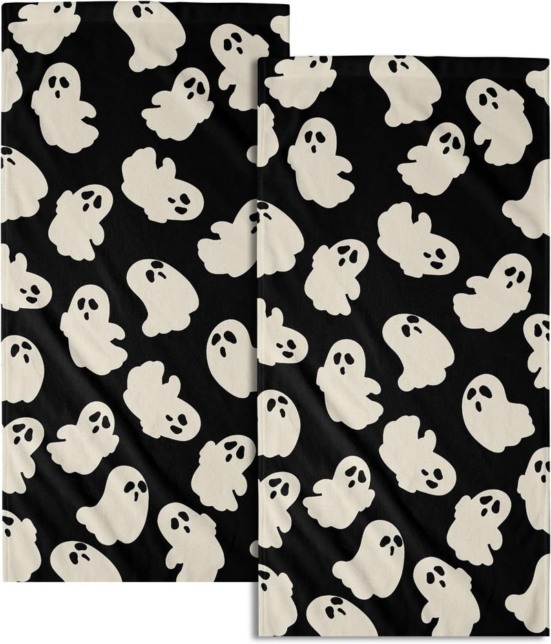 Granbey Halloween Ghost Hand Towels Pack of 2 White Spooky Ghost Black Face Towel 28.3x14.4 Inch Happy Halloween Holiday Decorative Super Soft Kitchen Towels for Bathroom Home Hotel Gym - Image 1